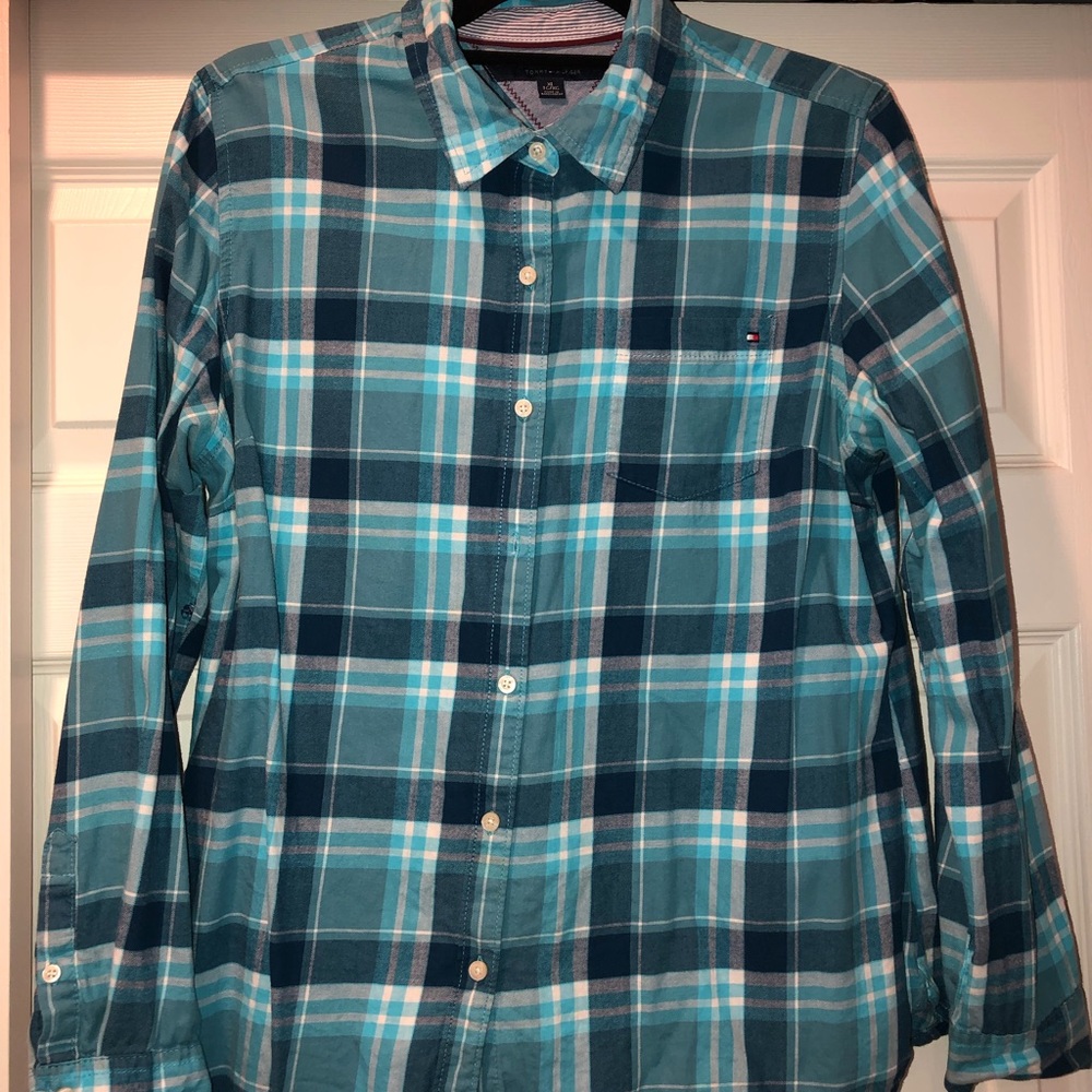 Tommy Hilfiger plaid blouse, turquoise/white/navy.
